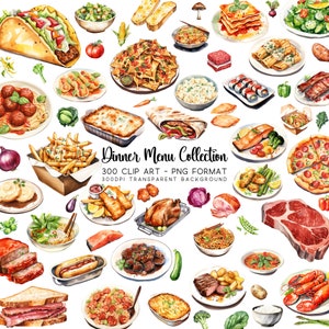 Dinner Clipart, 300 Watercolour Menu Clip Art PNG/JPG, Transparent Background, Meal Images jpg, Planner Printable Graphics