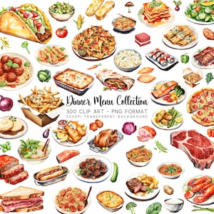 Dinner Clipart, 300 Watercolour Menu Clip Art PNG/JPG, Transparent Background, Meal Images jpg, Planner Printable Graphics