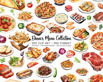 Diner clipart, 300 aquarel menu Clip Art PNG/JPG, transparante achtergrond, maaltijdafbeeldingen jpg, planner afdrukbare graphics