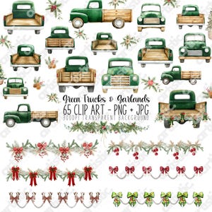 Green Truck Clipart – Vintage Farm Truck Watercolor Illustration PNG with Christmas Garland and Santa Belt for Winter Printables