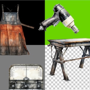 Individual welding tool clipart on diverse backgrounds—black, green, gray, and transparent. Showcasing the design elements in a visually stimulating layout.