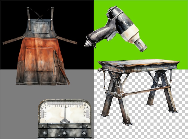 Individual welding tool clipart on diverse backgrounds—black, green, gray, and transparent. Showcasing the design elements in a visually stimulating layout.