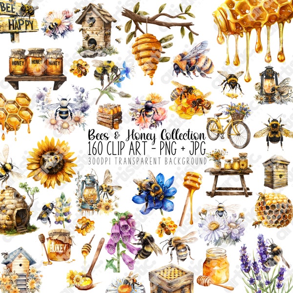 Bees & Honey Clipart Bundle - Watercolor Bee PNG, Honeybee and Bumble Bee Illustrations, Spring Flowers, Beehive Digital Download