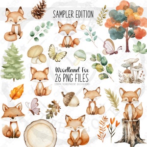 Fuchs Clipart-Bundle - 26 Aquarellbilder, Baby-Dusche-Dekor, Waldkinderzimmer-Kunst, druckbare Aufkleber, lebendige Waldtiere