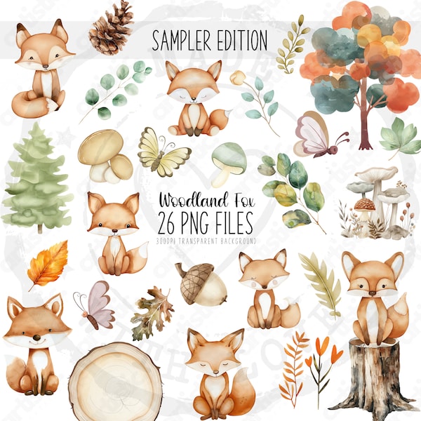 Fox Clipart Sampler Edition – 26 Aquarellbilder, Babyparty-Dekor, Wald-Kinderzimmerkunst, druckbare Aufkleber-PNGs, lebendige Waldtiere