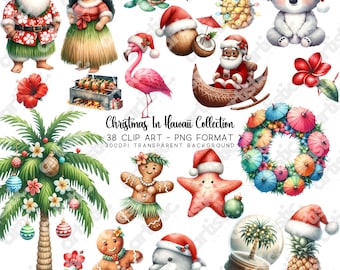 Watercolor Hawaiian Christmas Clipart: Tropical PNG Images (Digital Download)