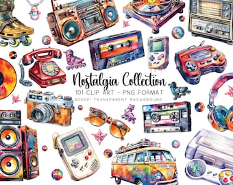 Paquete de imágenes prediseñadas nostálgicas, fondo transparente PNG de acuarela, sublimaciones de bricolaje, gráficos retro de los años 1980 y 1990