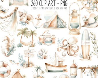 Boho Beach Clip Art: Watercolor Nautical PNG (260 Files)