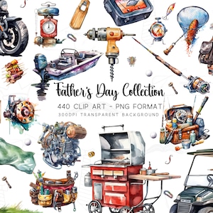 Ensemble de cliparts fête des pères, clipart aquarelle PNG/JPG, fond Transparent, sublimations bricolage, 440 graphiques papa