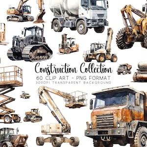 Lot de cliparts aquarelle camions de construction – 60 images PNG/JPG | Arrière-plans transparents, Sublimation DIY, Décoration d'enfants, Graphismes professionnels