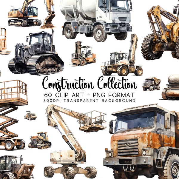 60 Construction Trucks Bundle Clipart, Watercolor PNG/JPG, Transparent Background, DIY Sublimations, Career Graphics