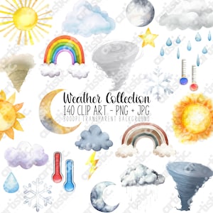 Paquete de imágenes prediseñadas del clima: pegatinas de acuarela del clima, cielo digital, imágenes prediseñadas de arcoíris, nubes de nieve, lluvia y sol PNG