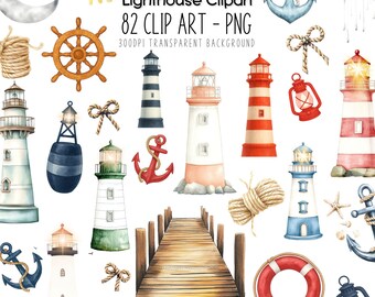 Lighthouse Clip art PNG Bundle: Nautical Marine Art (82 Files) (Digital Download)