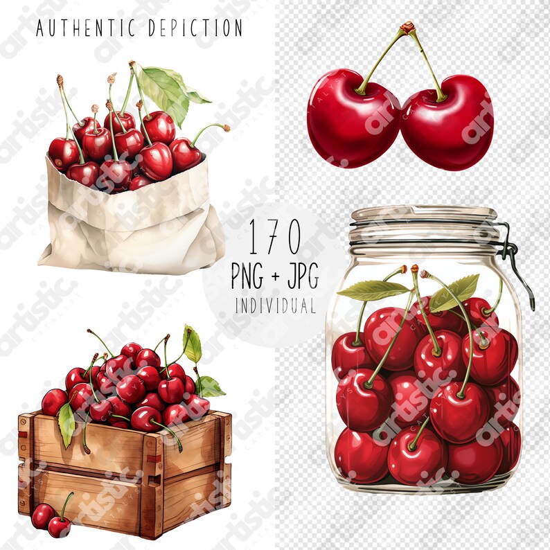 Lone Cherry with Droplet: A single cherry with a glistening droplet of water, detailed with realistic light and shadow, isolated for emphasis.