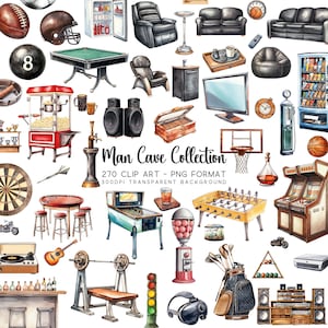 Mannen clipart, Man Cave clip art bundel: 270 aquarel print PNG/JPG, clipart voor mannen, papa elementen, DIY sublimatie, sport png-afbeeldingen