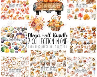 Puede incluir: Un collage digital de ilustraciones de acuarela con temas otoñales. El collage incluye imágenes de calabazas, hojas de otoño, coronas, árboles, flores, un camión y otros elementos otoñales. El texto "Mega Fall Bundle 7 Collection in One Over 1100 Image All Together" se muestra en el centro del collage.