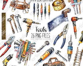 Watercolor Tool Clipart Bundle: Mechanic & Construction Art (26 PNG)