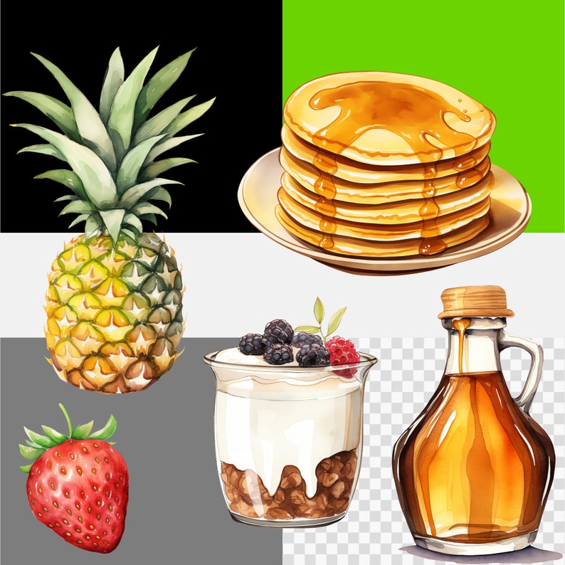 Distinct Digital scrapbooking clipart pieces set against backgrounds of green, black, 50% grey, and transparent, underlining the vibrant Breakfast Clip art and Morning routine png designs