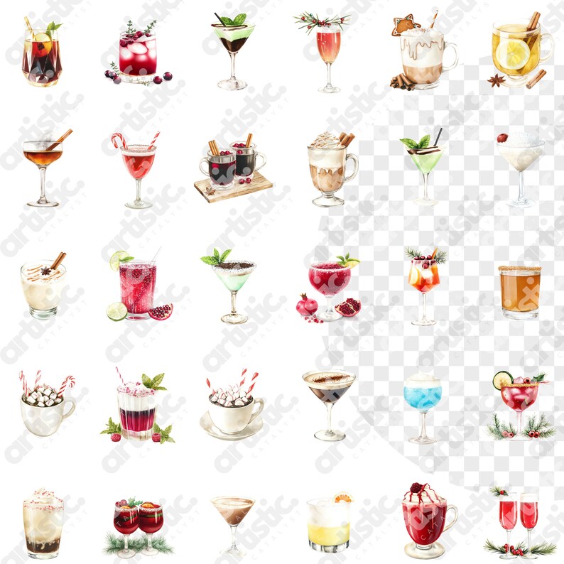 Holiday Cocktail Clipart 369 Watercolor Drink Pngs Alcohol Beverage Clipart for Menu, Party