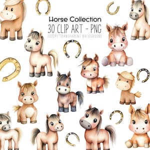Bundle de cliparts aquarelle cheval - cheval mignon PNG ferme, pépinière d'animaux Clipart fer à cheval basse-cour fichier pour sublimation équitation bohème bohème