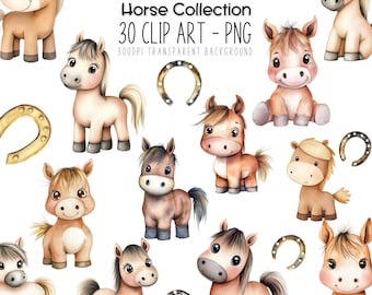 Paquete de imágenes prediseñadas de caballos en acuarela: PNG de animales de granja para guardería (descarga digital)