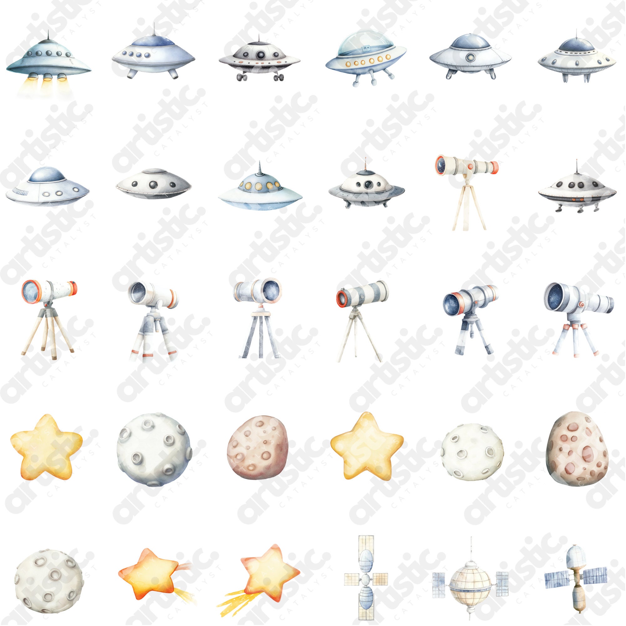 Watercolor Astronaut Clipart Bundle: Space Shuttle, Rocket PNG (digital ...