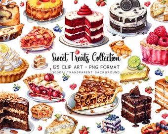 Sweet Treats Clipart Collection, 125 Cakes and Pies Themed Digital Download, PNG & JPG Files, High Resolution, Transparent Background