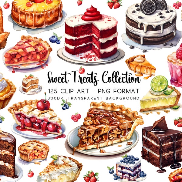 Süße Leckereien Clipart-Sammlung, 125 digitale Downloads zum Thema Kuchen und Torten, PNG- und JPG-Dateien, hohe Auflösung, transparenter Hintergrund