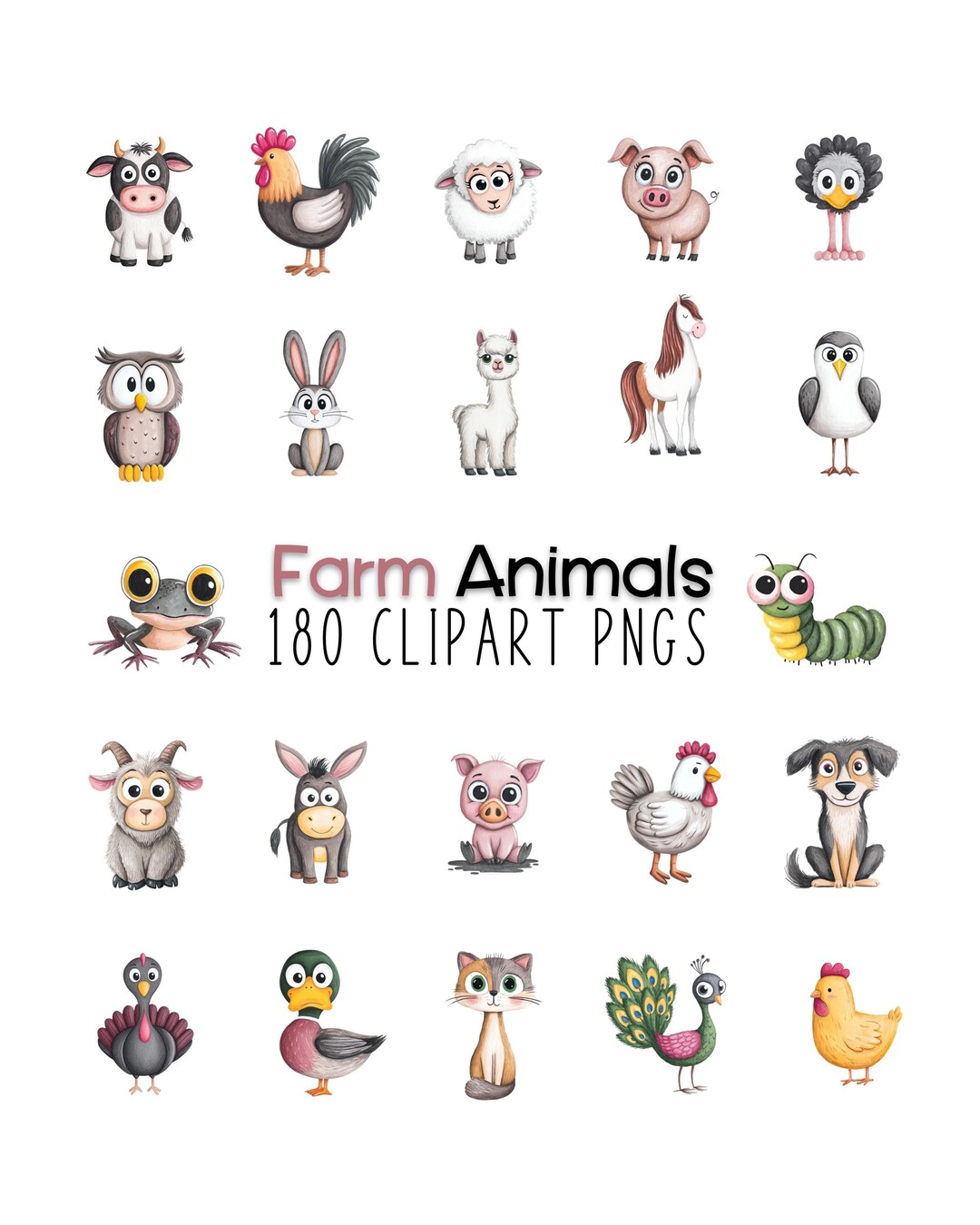 Farm Animal Clipart Bundle Watercolor PNG Set (180 Images) - Etsy
