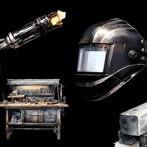 Elegantly arranged welding tool clipart on a sleek black background. Showcasing intricate design details in a visually pleasing layout