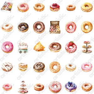 Variety of frosted and sprinkled donut clipart, suitable for creative food illustrations.
