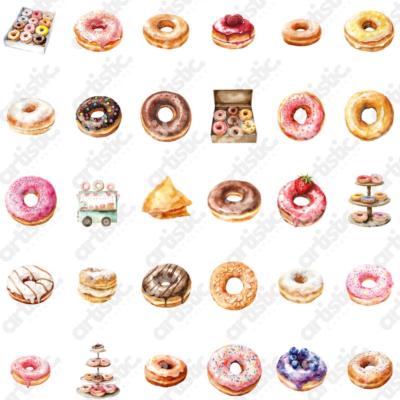Variety of frosted and sprinkled donut clipart, suitable for creative food illustrations.