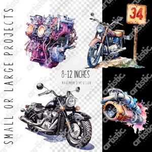 Vibrant watercolor motorcycle designs for sublimation printing on T-shirts, tumblers, and paper crafts.
