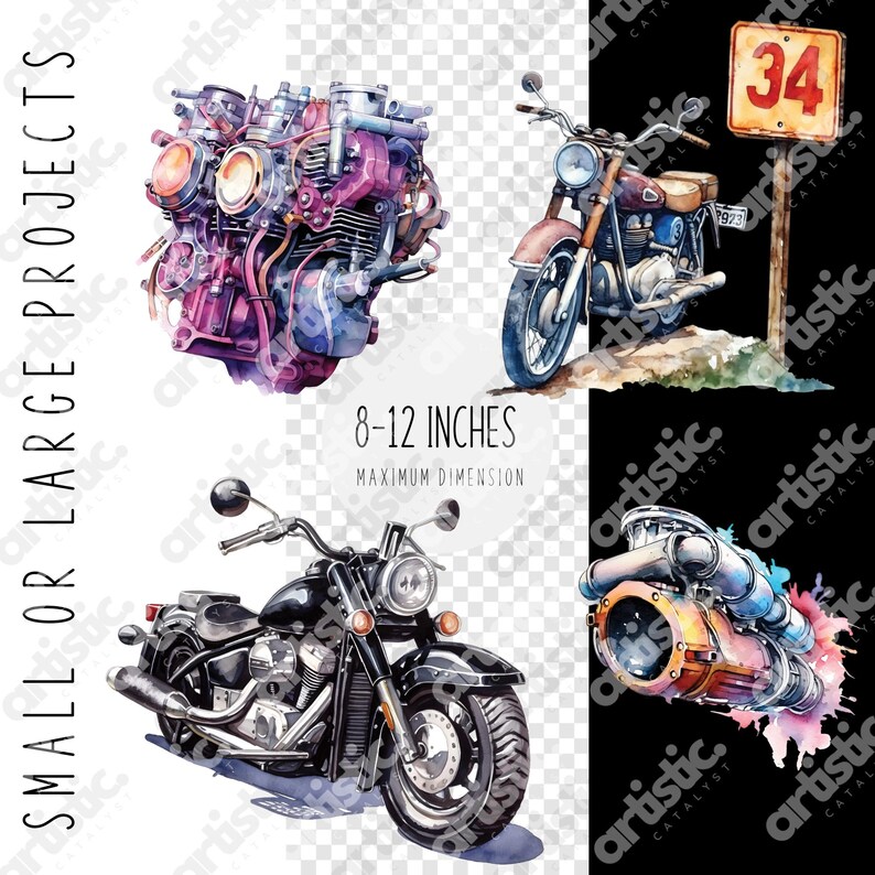 Vibrant watercolor motorcycle designs for sublimation printing on T-shirts, tumblers, and paper crafts.