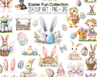 Ostern Clipart Aquarell Bundle: Küken, Zwerge, Bunnies (214 PNGs Digital Download)