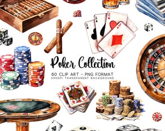 Casino Clipart 60 Poker Clip Art Bundle, Watercolor PNG/JPG, Transparent Background, DIY Sublimations, Card Making Graphics