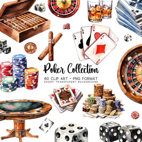 Casino Clipart 60 Poker Clip Art Bundle, Watercolor PNG/JPG, Transparent Background, DIY Sublimations, Card Making Graphics