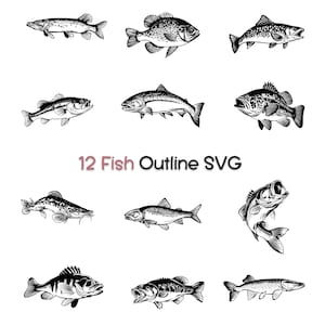 Pode incluir: Uma coleção de doze designs SVG de contorno de peixes em preto e branco. A imagem inclui várias espécies de peixes, cada uma retratada com arte de linha detalhada. O texto na parte inferior diz "12 Fish Outline SVG".