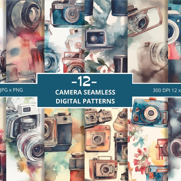 12 Camera Seamless Digital Papers, Commercial Use, Pattern Design, Camera Patterns, Digital Pattern Cameras, Photography