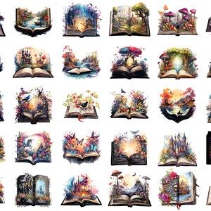 A horizontal and vertical display of vibrant story books themed clipart images on a white background, showcasing a variety of designs and vivid colors.