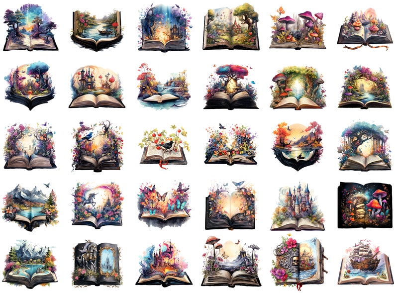 A horizontal and vertical display of vibrant story books themed clipart images on a white background, showcasing a variety of designs and vivid colors.