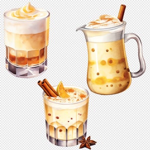 Eggnog Latte and Vanilla Nog Clip art combined aesthetically on a gray checkered transparent background. Png no background emphasizing the Watercolour Drinks details.