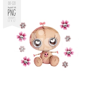 Lindo muñeco vudú clipart - Médico brujo PNG con flores rosas y calaveras, arte digital de magia negra, muñeco de Halloween PNG para manualidades