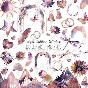 Paquete de imágenes prediseñadas de invitación de boda con invitación morada, calcomanías de flores para imprimir para la decoración de letreros de bienvenida de boda, ideas para tarjetas de invitación de boda minimalistas