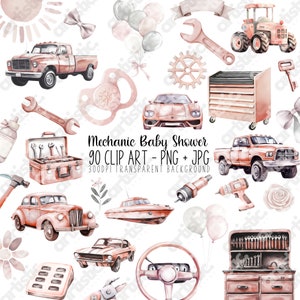 Monteur babyshower clipartpakket - in pastelroze aquarellen. Met auto's, vrachtwagens en oliekannen. 90 afdrukbare png-/jpg-bestanden met bonusafbeeldingen