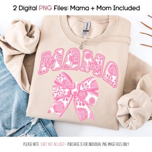 Mama Mom PNG-bundel pioenroos roze bloemen strik clipart, geweldig voor sublimatie girly shirt design Cottagecore afdrukbare, POD moeder cadeau kunst