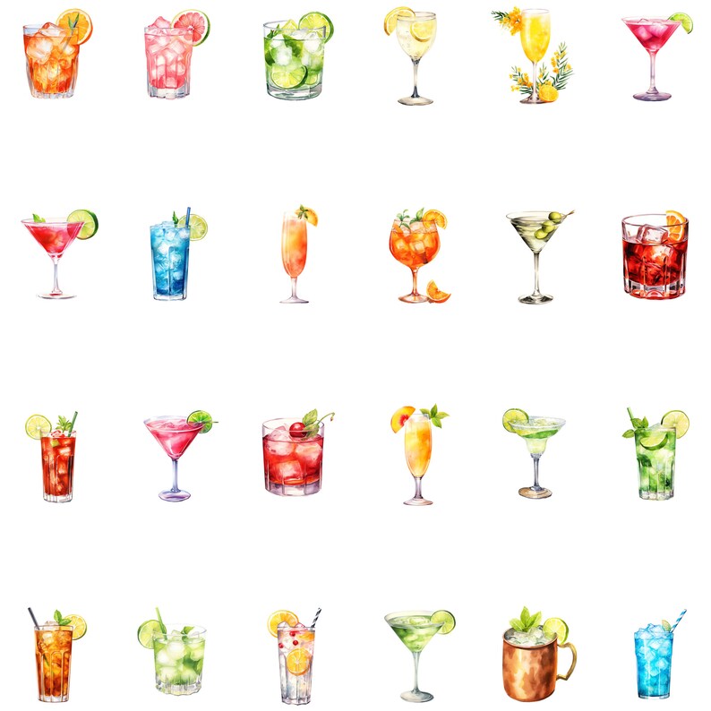 Horizontal and vertical rows of cocktail-themed clipart images on a white background, displaying the entire clipart bundle.