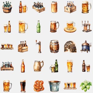 Beer Clipart Bundle Set, 125 Beer Clip art PNG JPG, Watercolour, Transparent Background, Scrapbooking, Label Making