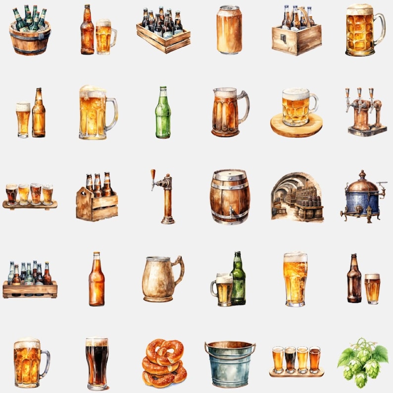 Beer Clipart Bundle Set, 125 Beer Clip art PNG JPG, Watercolour, Transparent Background, Scrapbooking, Label Making
