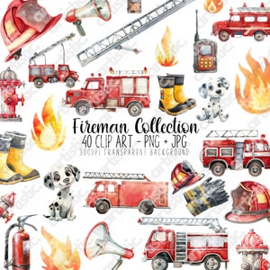 Watercolor Fireman Clipart Bundle Fire Station Graphics Fire Engine Firefighter Prints Emergency PNG Nursery Decor Flame Clipart